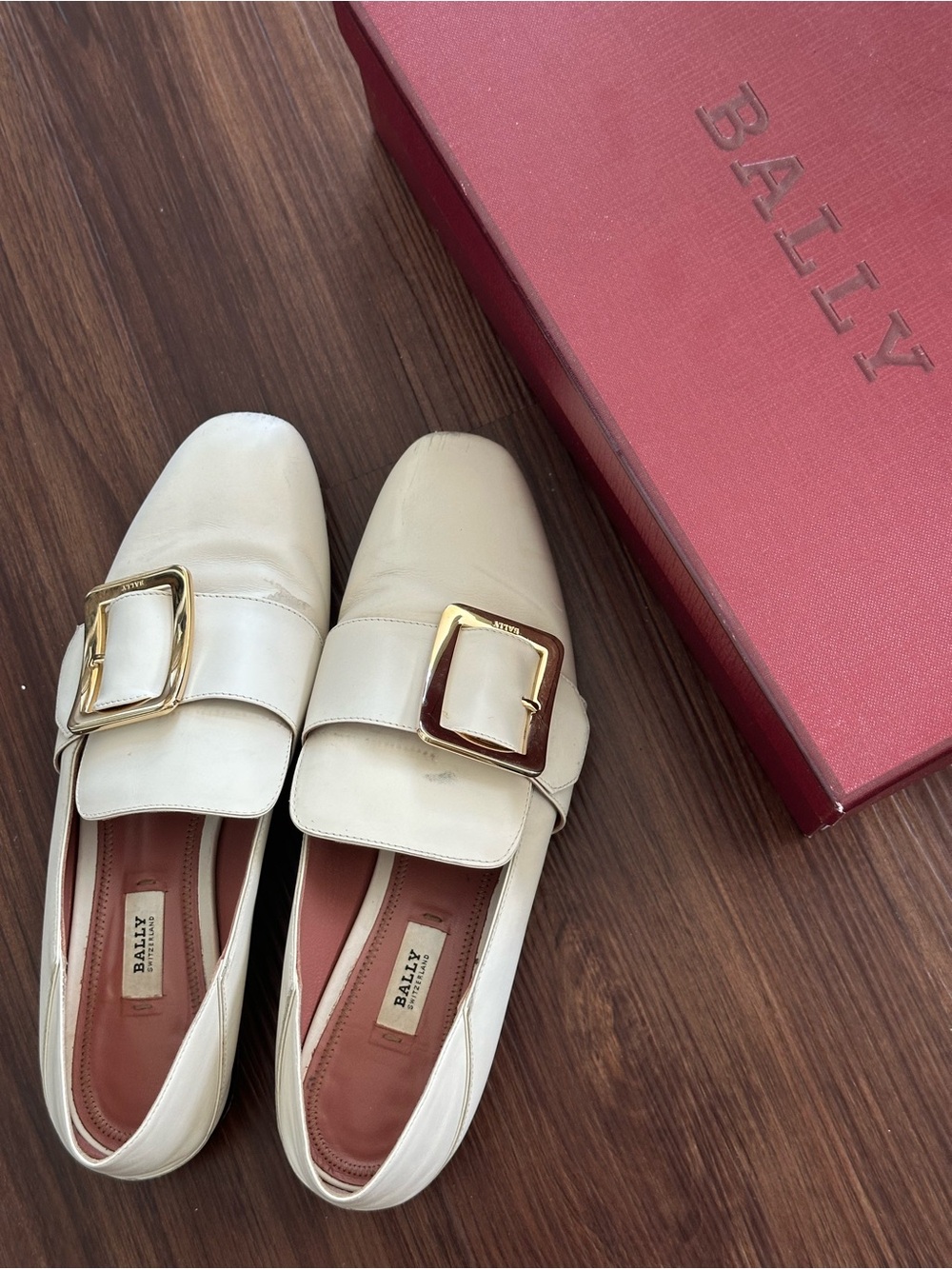 Bally Ivory Leather Loafers with Gold Buckle